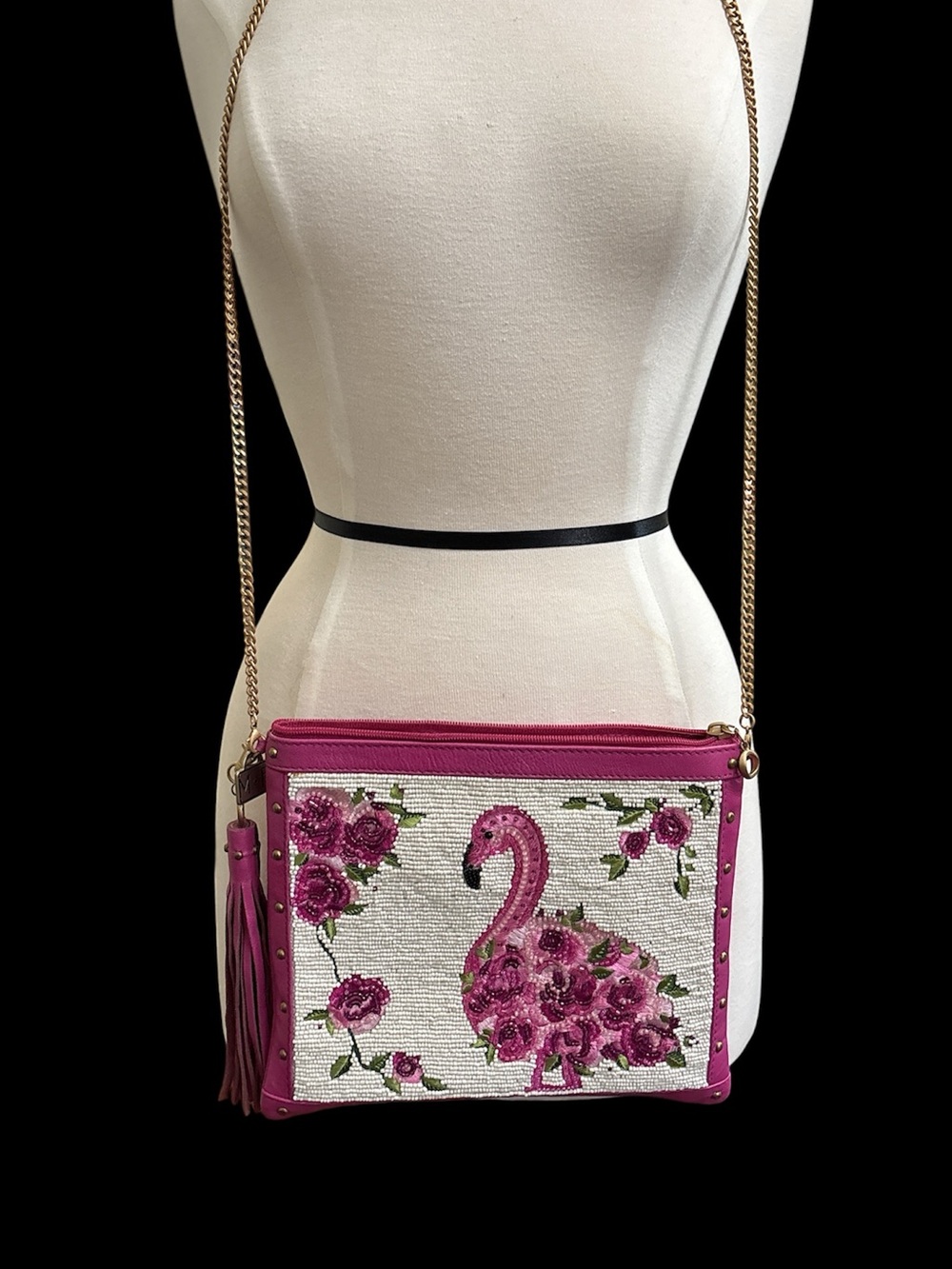Mary Frances Fuchsia Beaded Flamingo Crossbody Bag